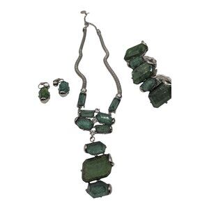 Silver Tone Green Statement Necklace, Bracelet & Earring Parure Set Erica Lyons